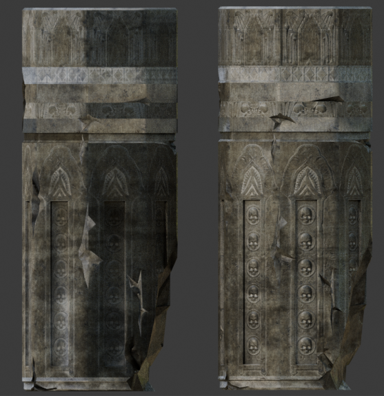 Two carved pillars, the one on the left has bad normals, the one on the right looks quite nice.